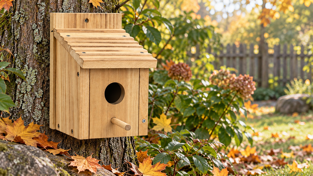 A rectangular natural-wood birdhouse with a ribbed single-slope roof in a quiet autumn garden, a small scattering of dry fallen leaves near the exterior base and below the box, all openings visibly unobstructed, no birds.