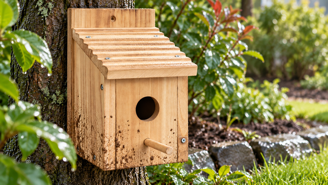 A rectangular natural-wood birdhouse with a ribbed single-slope roof in a rain-cleared garden, light realistic mud speckles on the lower exterior only, openings unobstructed, no birds.