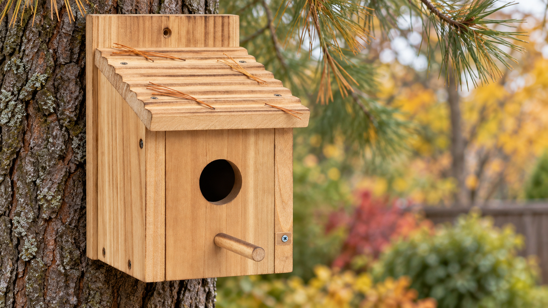 A rectangular natural-wood birdhouse with a ribbed sloping roof in a calm early-autumn garden, a few dry pine needles resting loosely on the exterior roof, no birds.