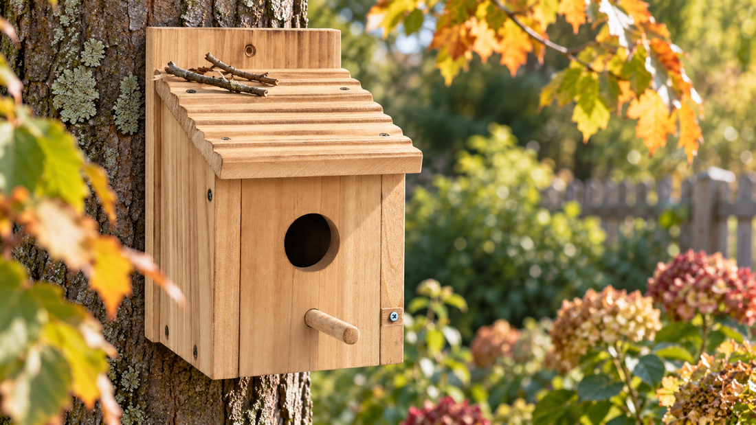 A rectangular natural-wood birdhouse with a ribbed sloping roof in a calm early-autumn garden, two small dry twigs resting lightly near the roof edge, structure intact, no birds.