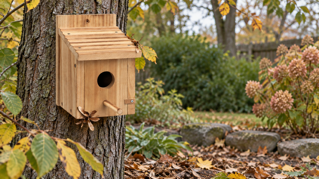 NATUREYLWL outdoor wooden bird houses in a backyard garden