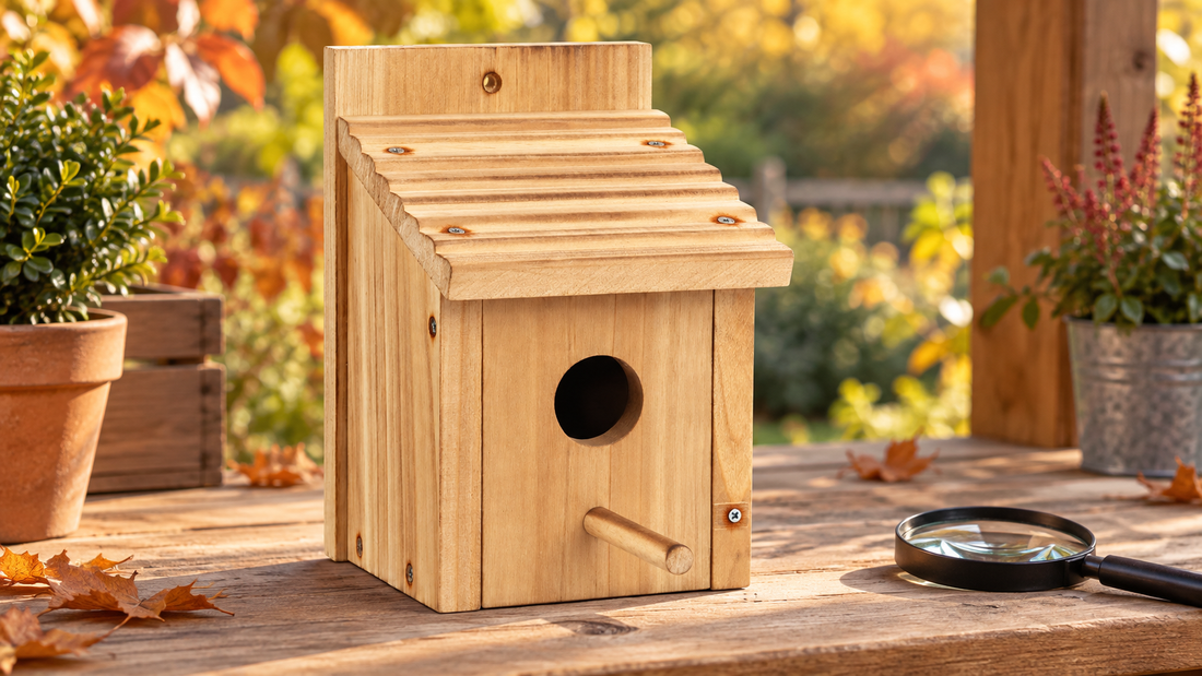 Real rectangular sloped-roof wooden birdhouse on an inactive inspection bench, subtle brown marks beside existing screws, unmarked magnifying glass nearby