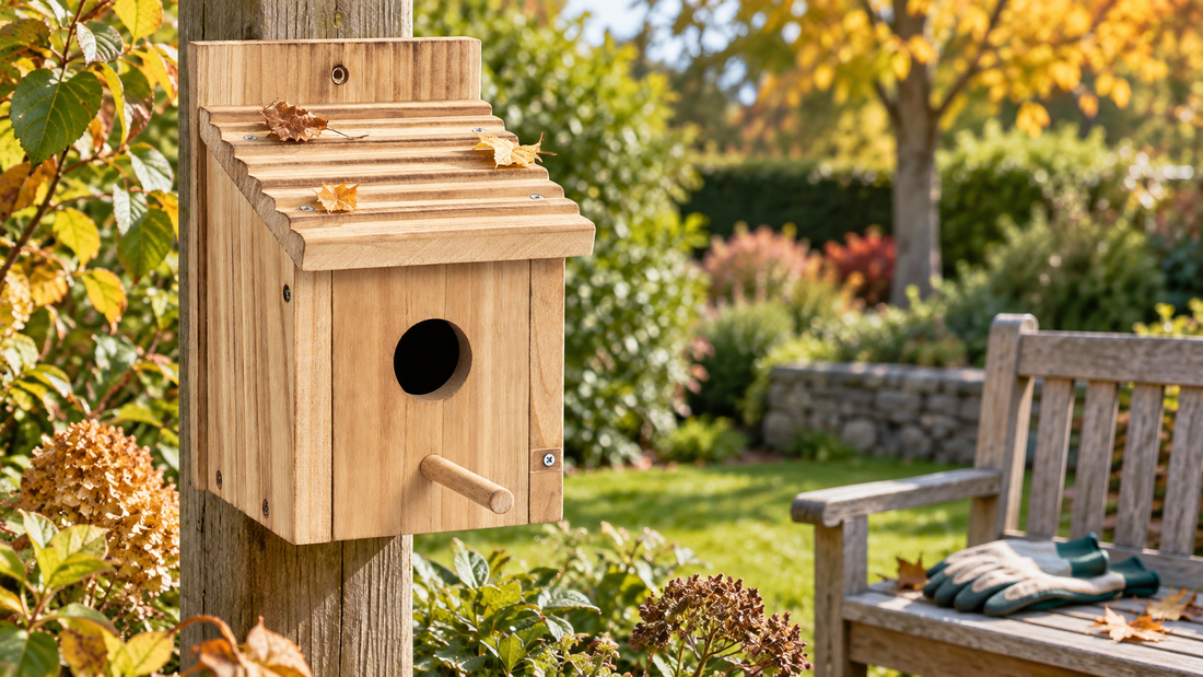 Real rectangular natural wooden birdhouse with sloped roof on a garden post after nearby gutter maintenance, a few dry leaf fragments on the roof and inspection gloves resting well away, bright dry autumn garden