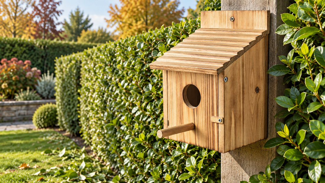 a real single-compartment natural wooden bird house with a slatted sloping roof and round entrance mounted securely beside a neatly trimmed hedge, a few cut leaves resting on the ground well below, all tools removed, soft early-autumn daylight, no birds