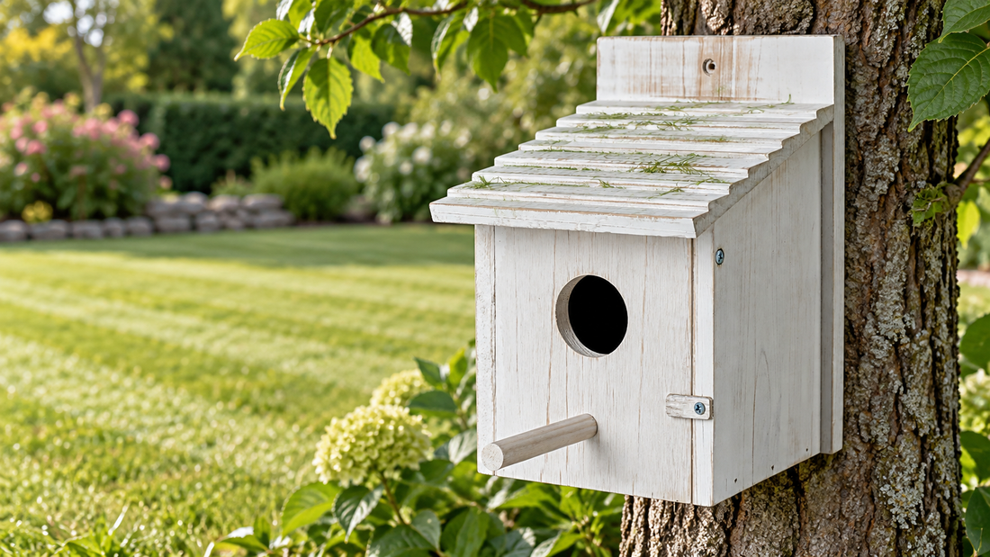 A whitewashed rectangular wooden birdhouse with a ribbed sloping roof mounted in a quiet dry garden after mowing, a few dry grass clippings resting on the exterior roof, neatly cut lawn visible at a respectful distance, no tools touching the birdhouse