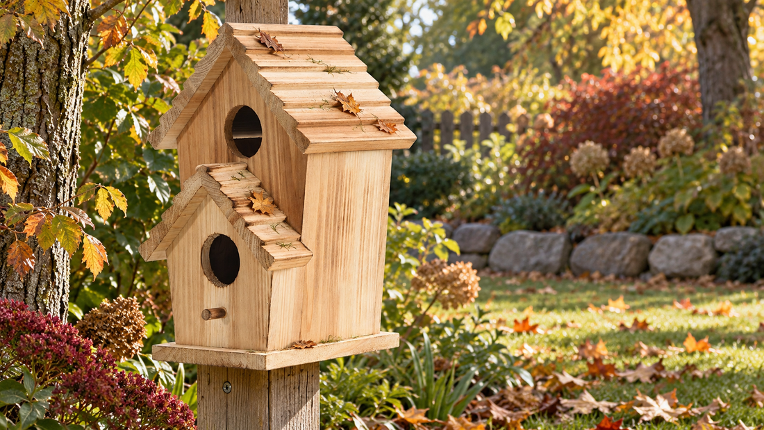 A tall two-level natural-wood birdhouse with ribbed roofs in a calm autumn garden, a few dry leaves on the intact exterior, no birds, people, tools, text, logos or watermarks.
