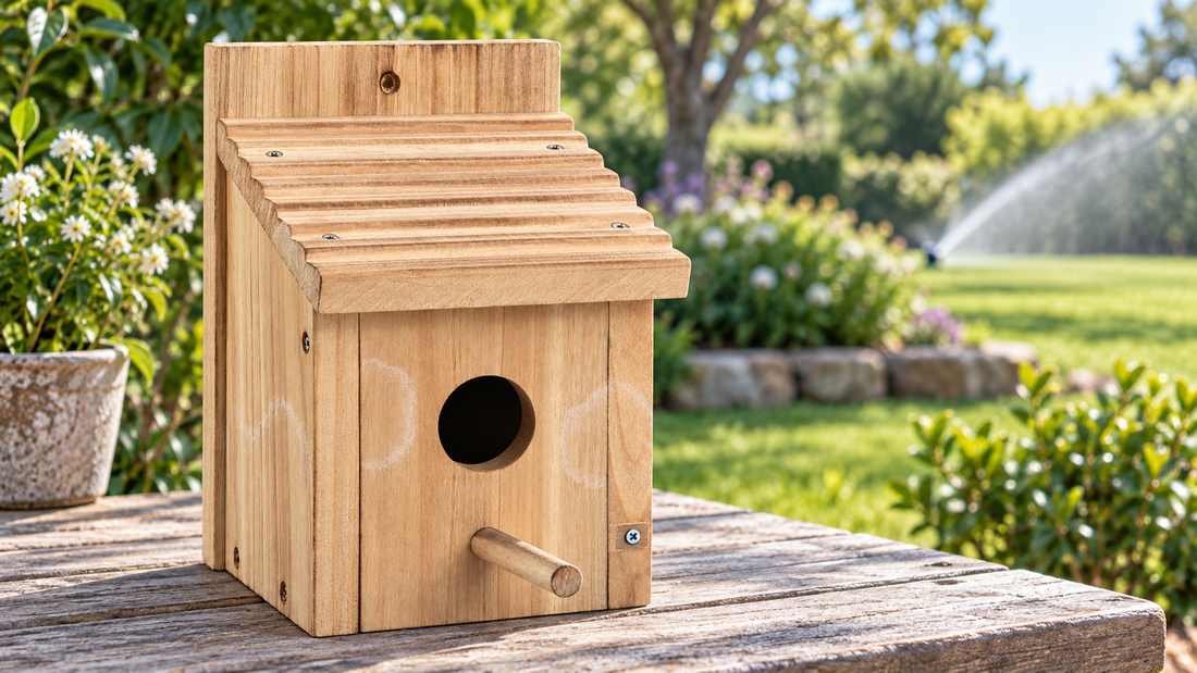 Real rectangular wooden birdhouse with sloped roof on an outdoor inspection bench after sprinkler overspray, a few subtle pale water rings on the exterior, dry garden setting