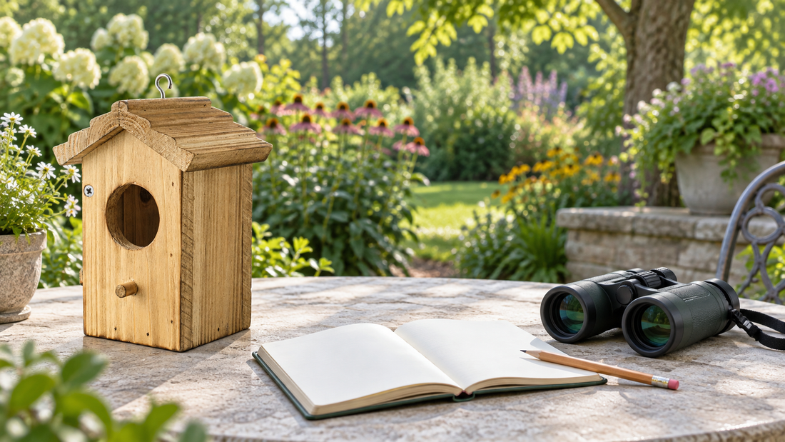 Compact ridged gable-roof wooden birdhouse resting on a patio table beside a blank notebook and binoculars, quiet garden background, no birds