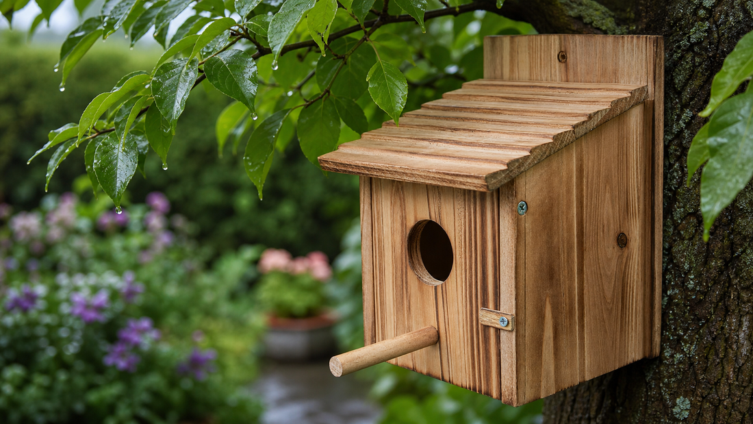 NATUREYLWL outdoor wooden bird houses in a backyard garden