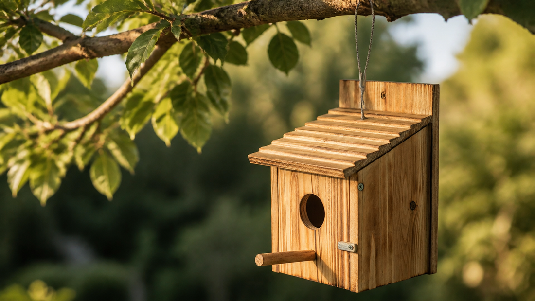 NATUREYLWL hanging wooden bird houses in a backyard garden