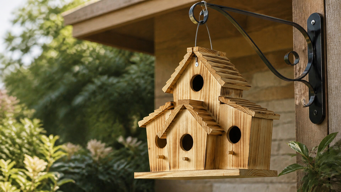 NATUREYLWL hanging wooden bird houses in a backyard garden