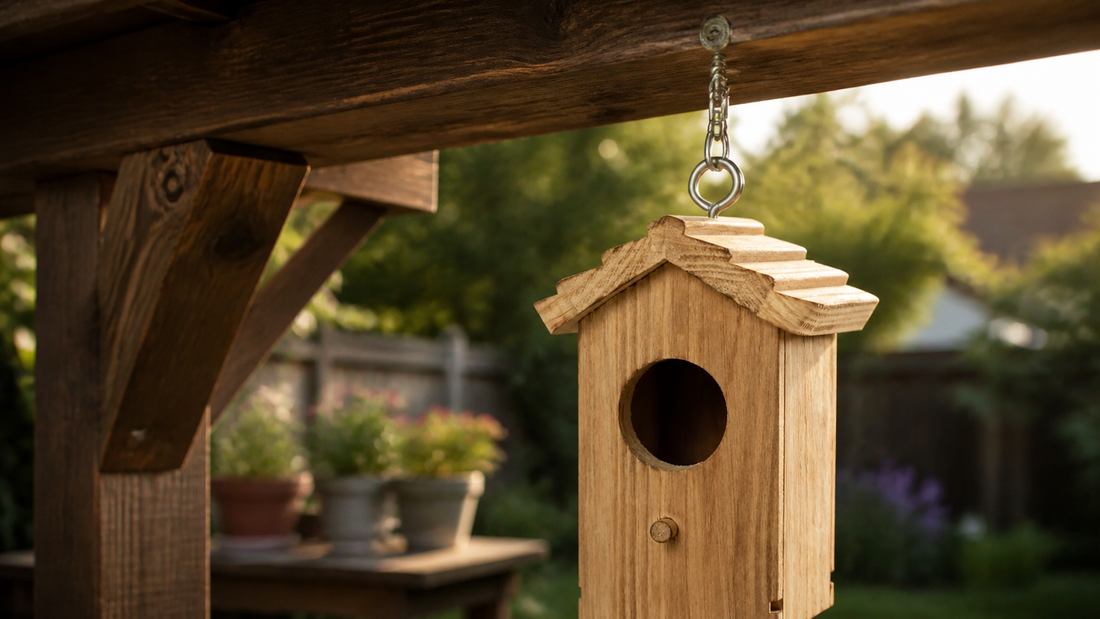 NATUREYLWL hanging wooden bird houses in a backyard garden