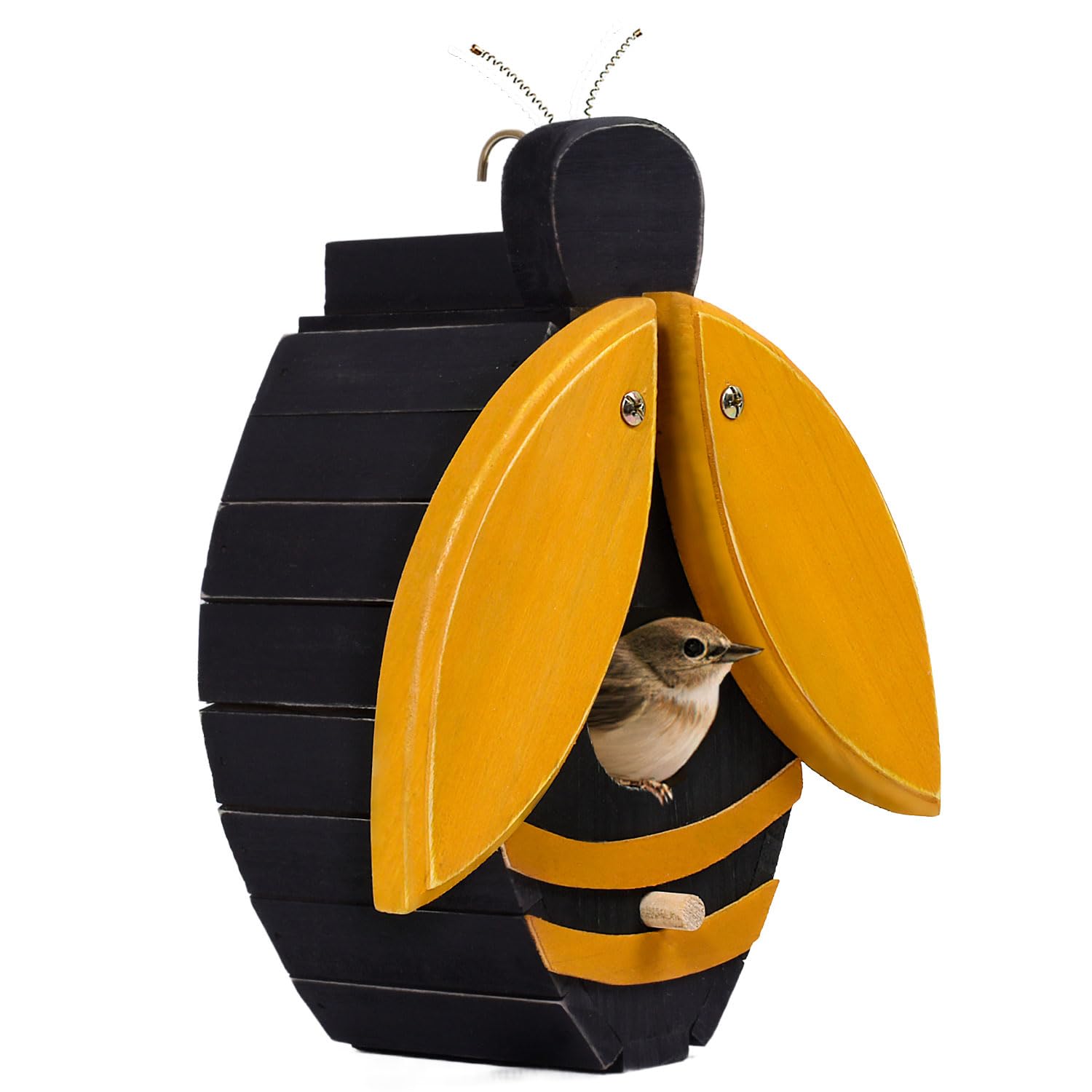 Yellow ladybug-shaped wooden hanging bird house with circular entrance and polka-dot wings