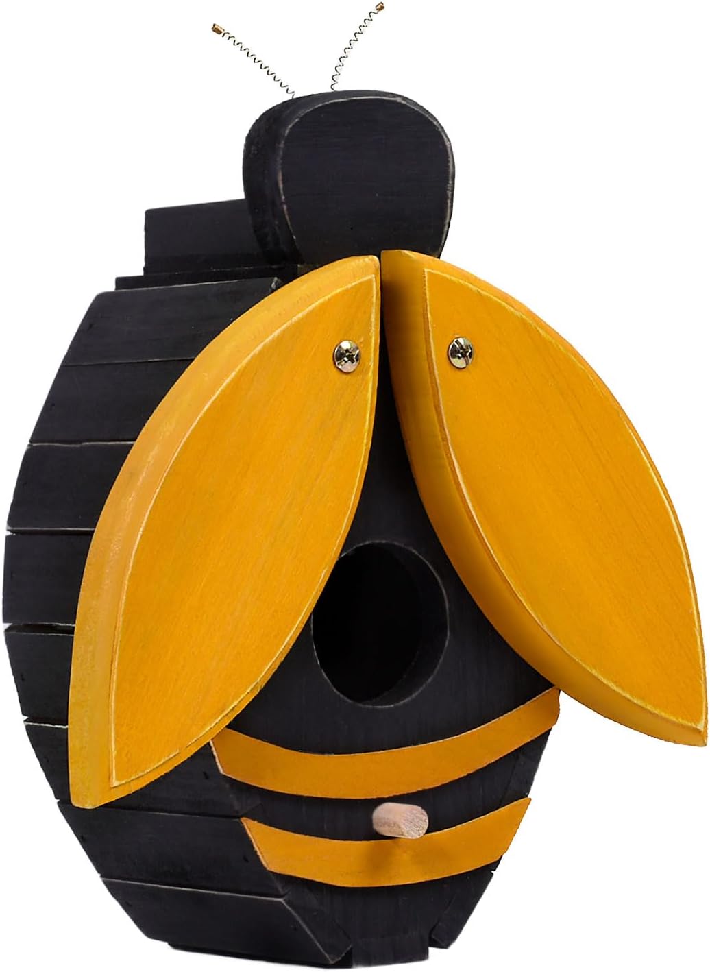 Bee-shaped wooden birdhouse close-up with open yellow wings and round entrance