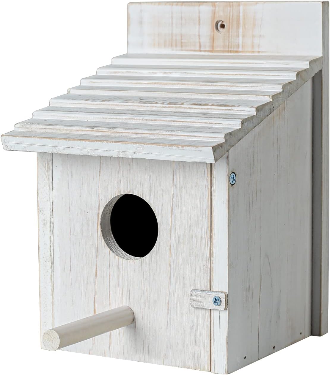 White wooden bird house with round entry hole, perch bar, and hinged door