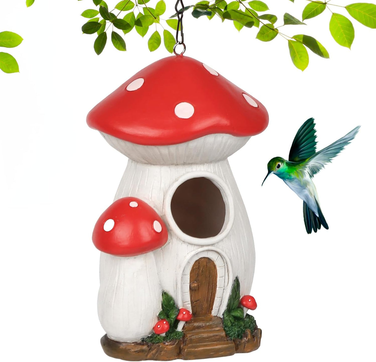 Red mushroom birdhouse with circular entrance and wooden door, with a bird in flight