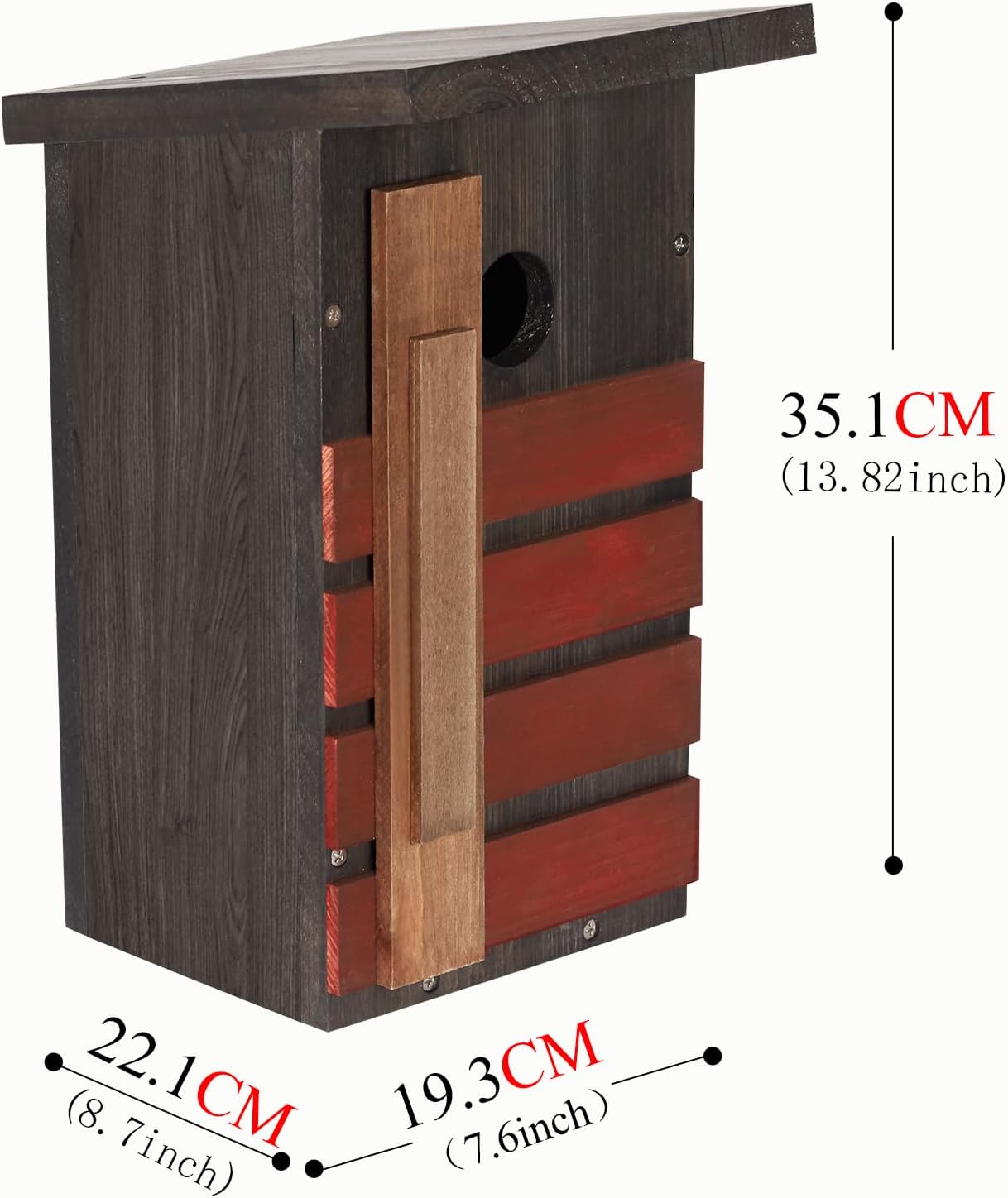 Wooden birdhouse with dark gray sides, red slatted front, and open cleaning door