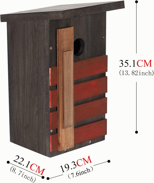 Wooden birdhouse with dark gray sides, red slatted front, and open cleaning door