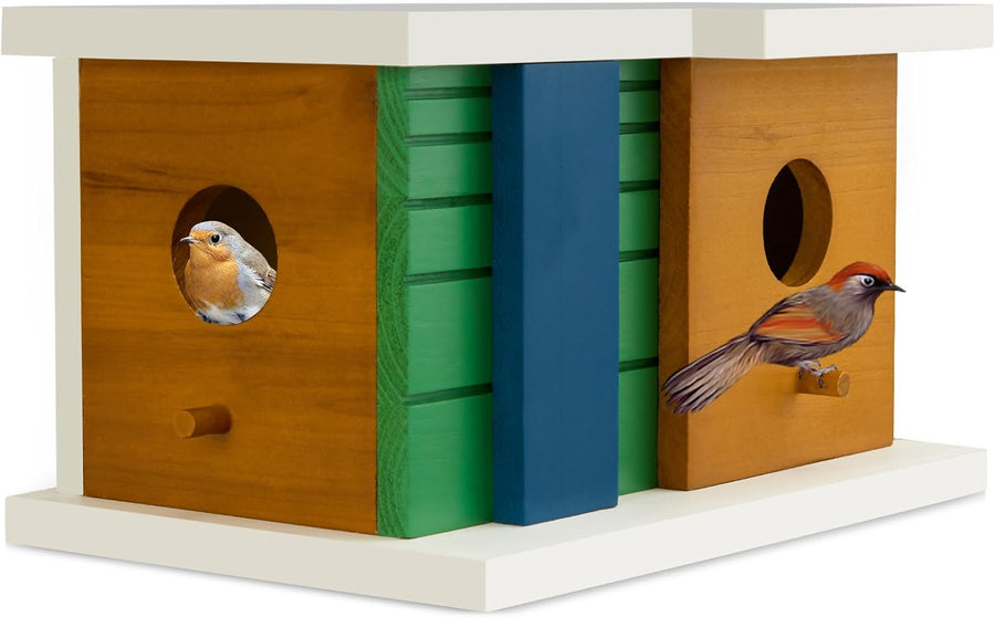 Wooden 2-hole bird house with left and right circular entrances, green and blue center slats