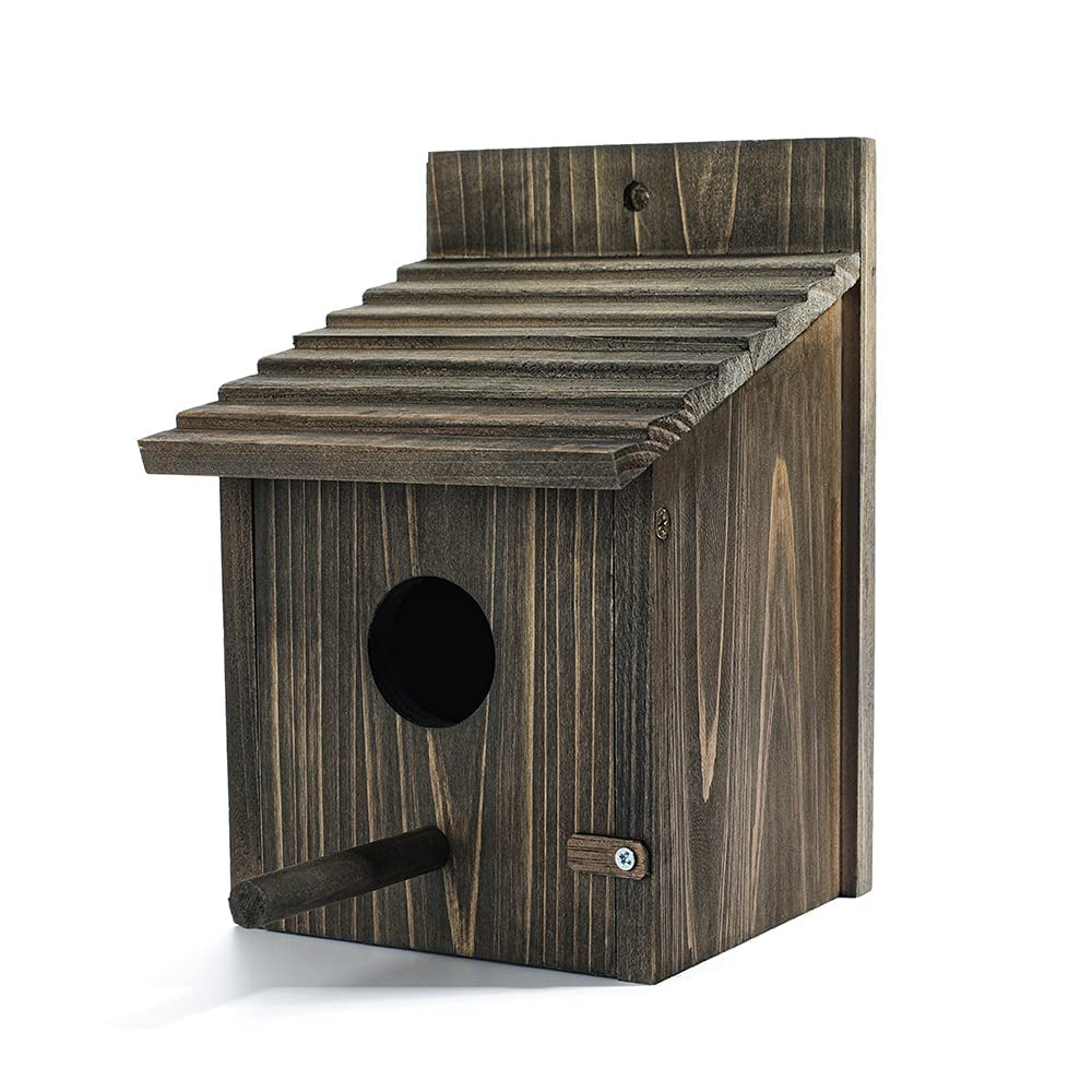 Dark brown wooden bird house with round entrance hole, side perch, and latch