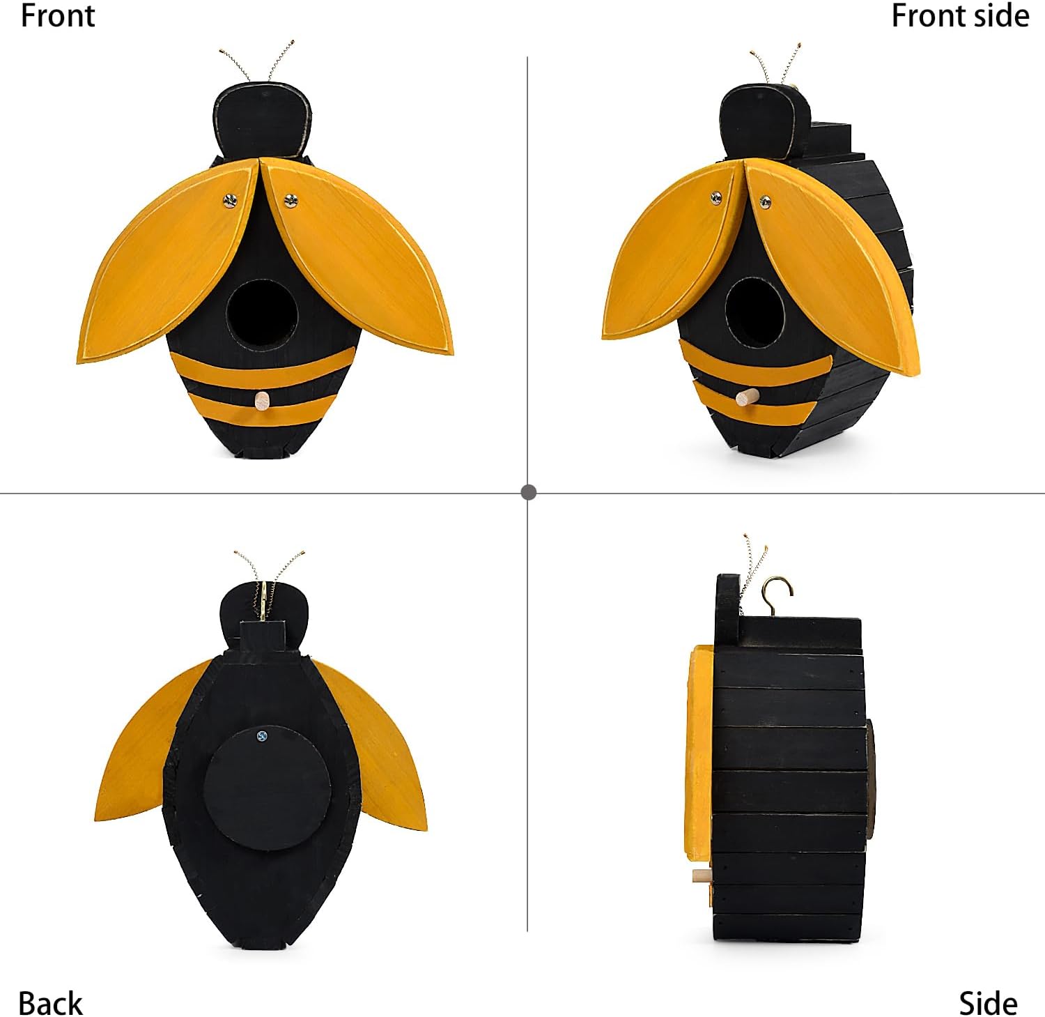 Bee-shaped wooden birdhouse with open wings, front and side views, yellow panels