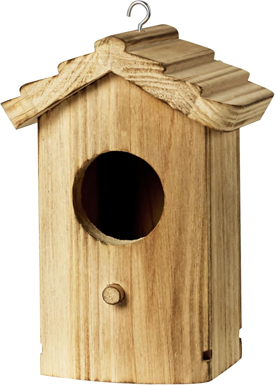 Mini wooden bird house front with oval entrance opening and hanging hook