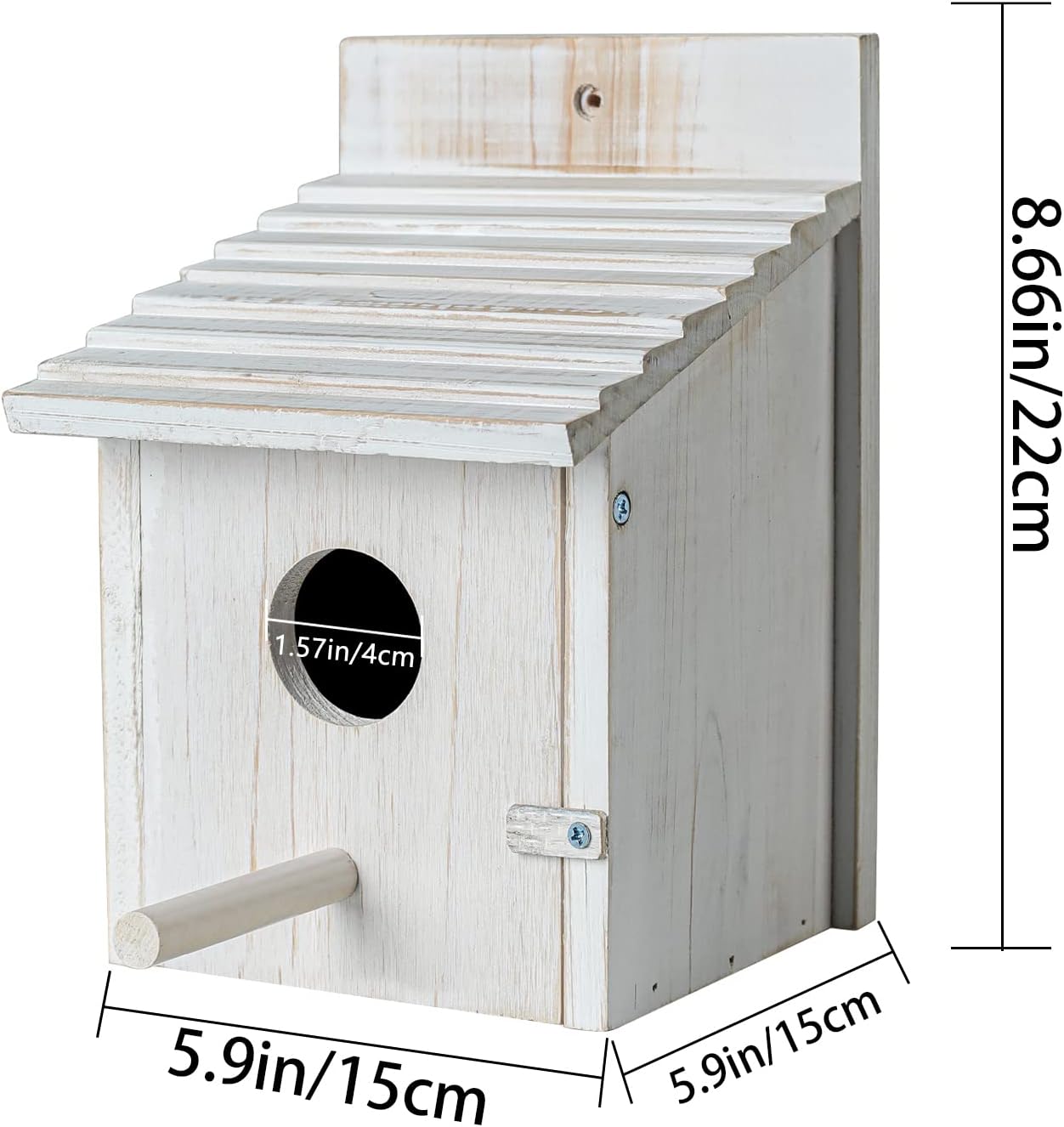 White wooden bird house with round entry hole, side perch, and metal latch