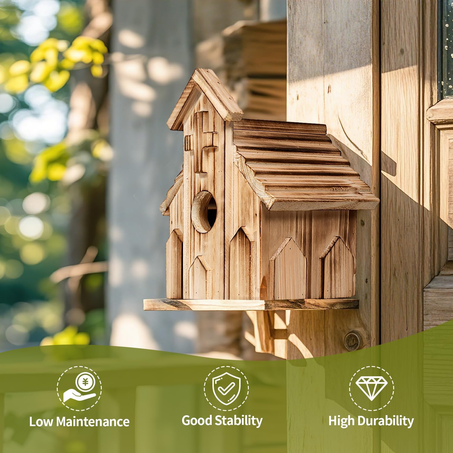 Light wood birdhouse with shingled roof, round side entrance hole, and carved facade