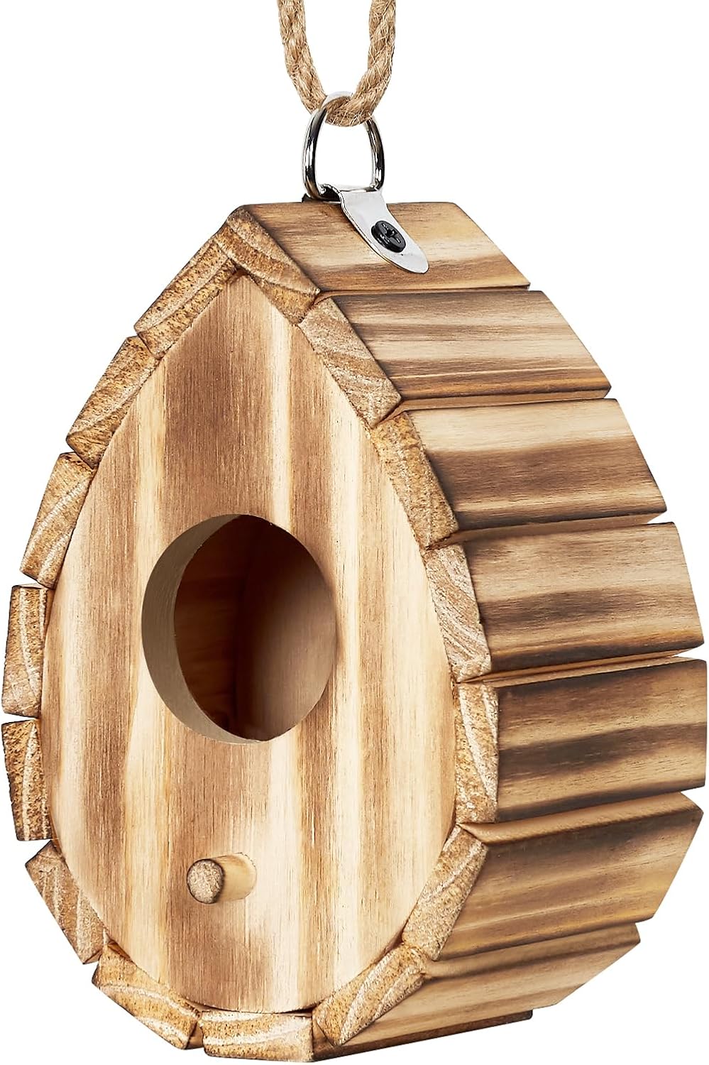 Wooden hummingbird birdhouse with circular entrance hole and hanging loop rope