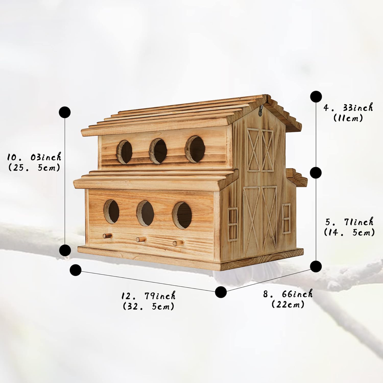 Wooden 6-hole hanging bird house with side door and roof overhang, size labeled