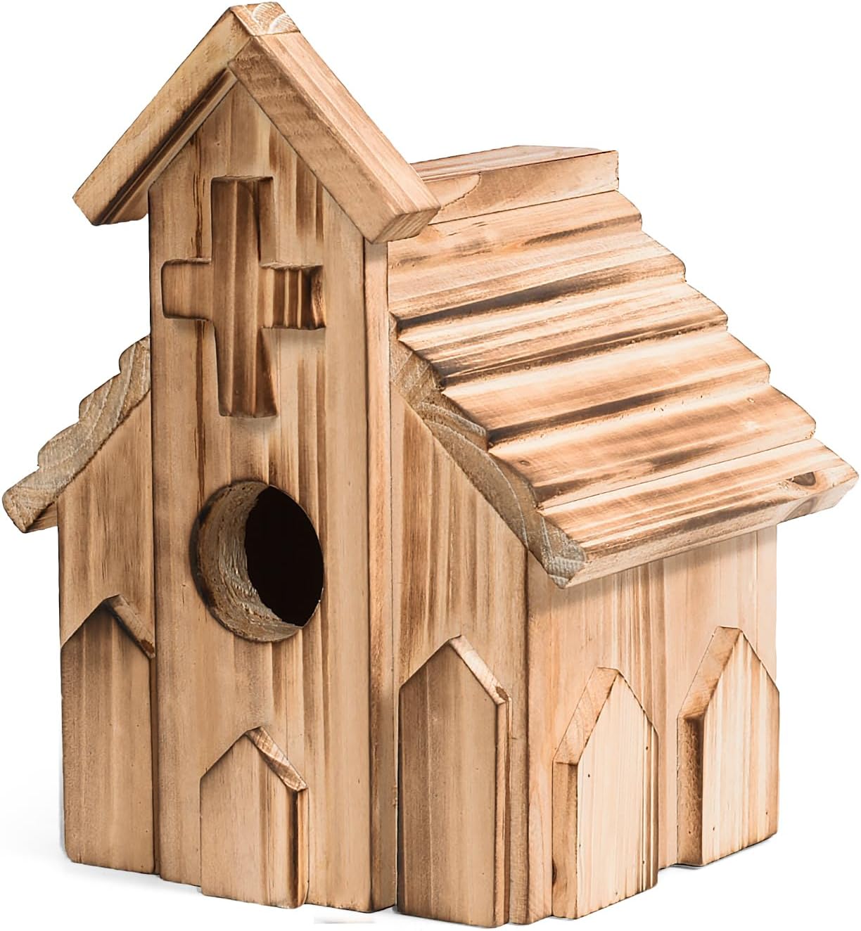 Light wood church-shaped birdhouse with cross carving and round entrance hole