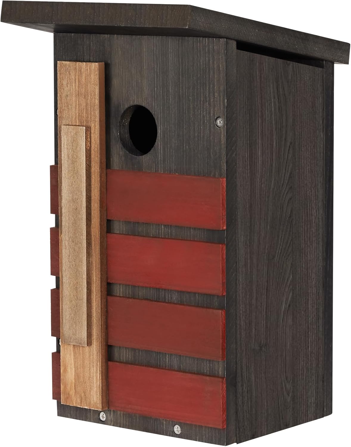 Wooden birdhouse with dark gray face, red slats, and round entrance hole