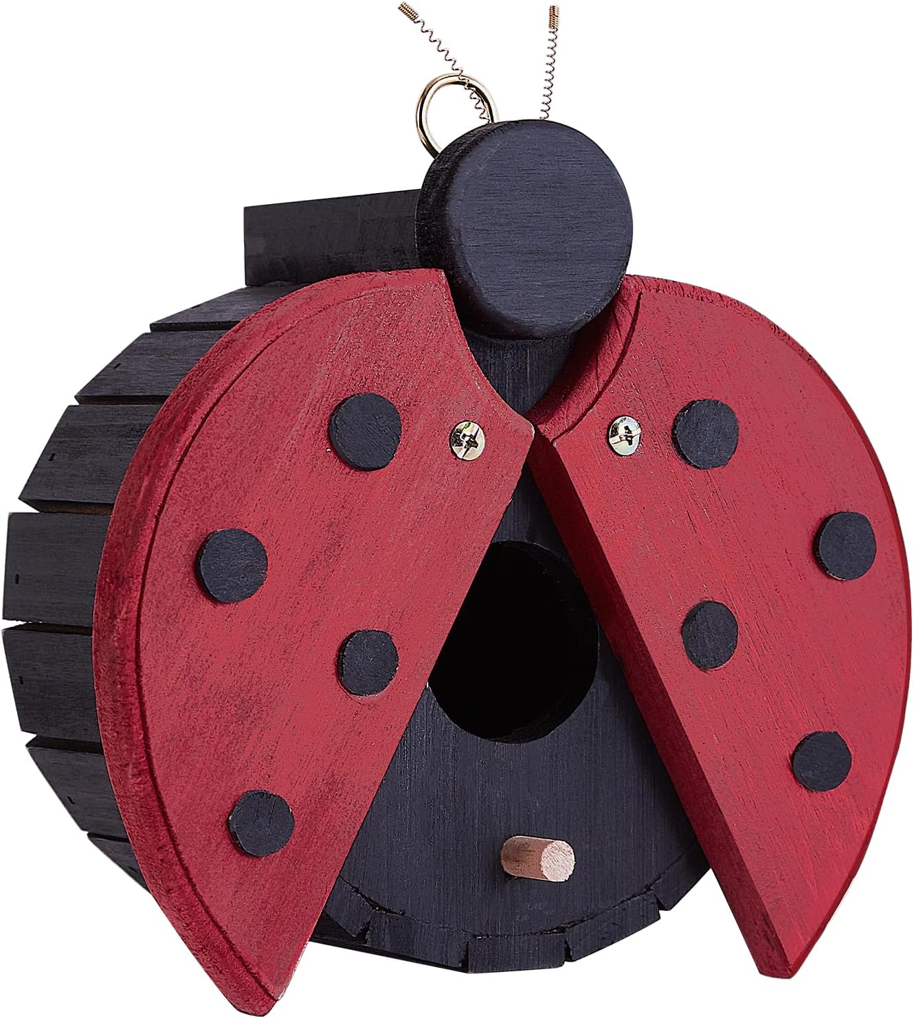 Red ladybug-shaped wooden bird house with circular entrance and polka-dot wings, hanging loop