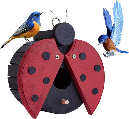 NATUREYLWL Bird Houses for Outside - Wooden Hanging Bird House - Ladybug-Shaped Birdhouse for Finches, Wrens, Cardinals - Outdoors Bluebird Nesting Box - Cute Garden Decor for Wild Birds