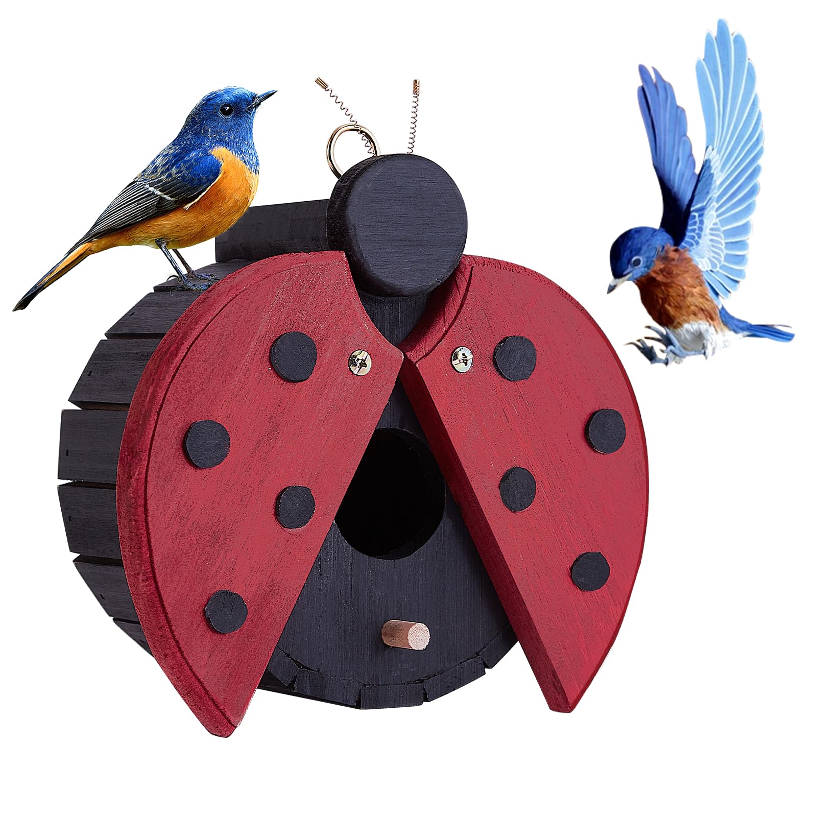 Bee-shaped wooden birdhouse with red wings and black body, round entrance hole