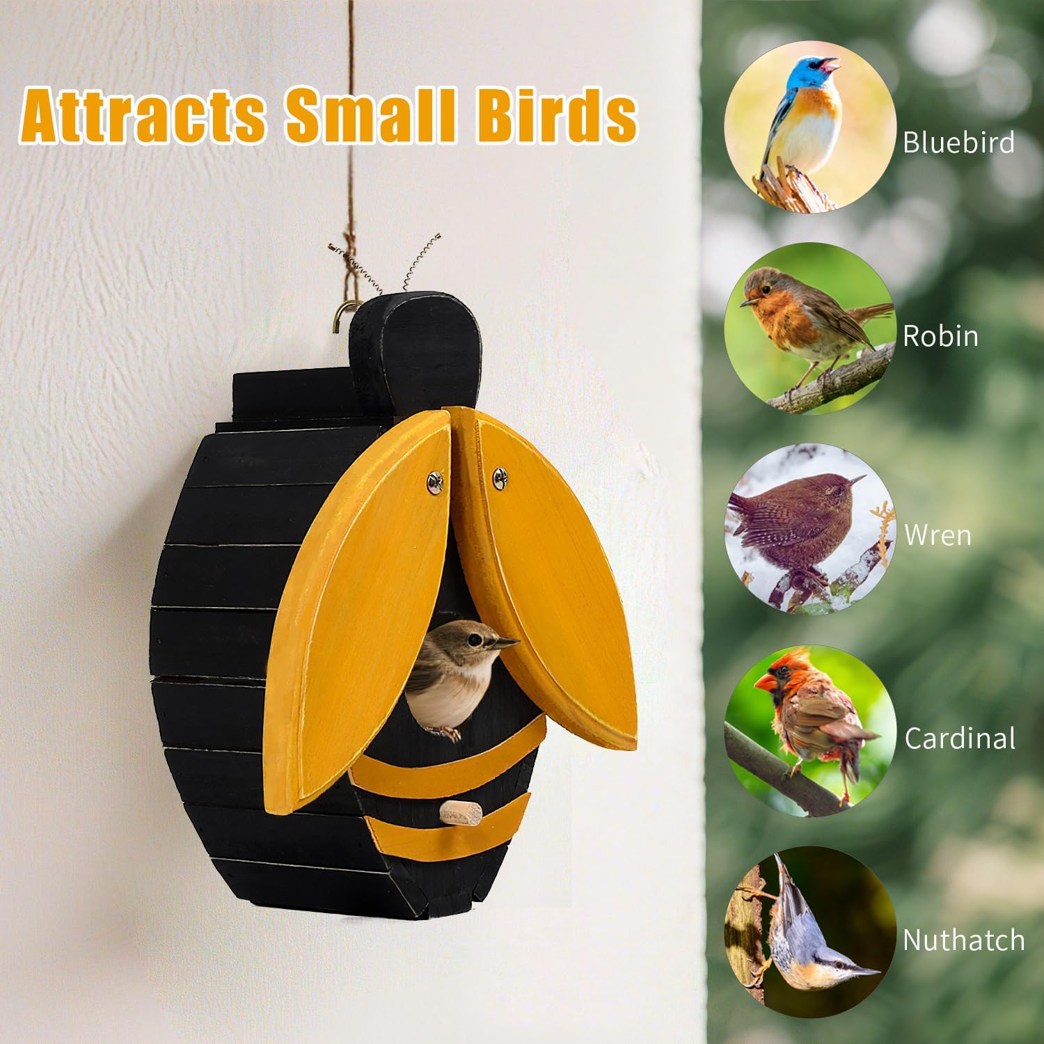 Bee-shaped wooden birdhouse with open yellow wings and black body, hanging hook