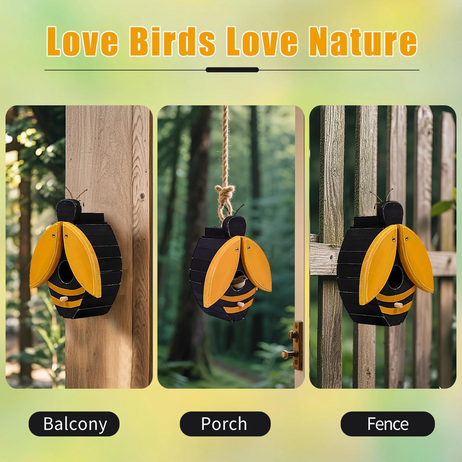 Bee-shaped wooden birdhouse on a post with open yellow wings and black body