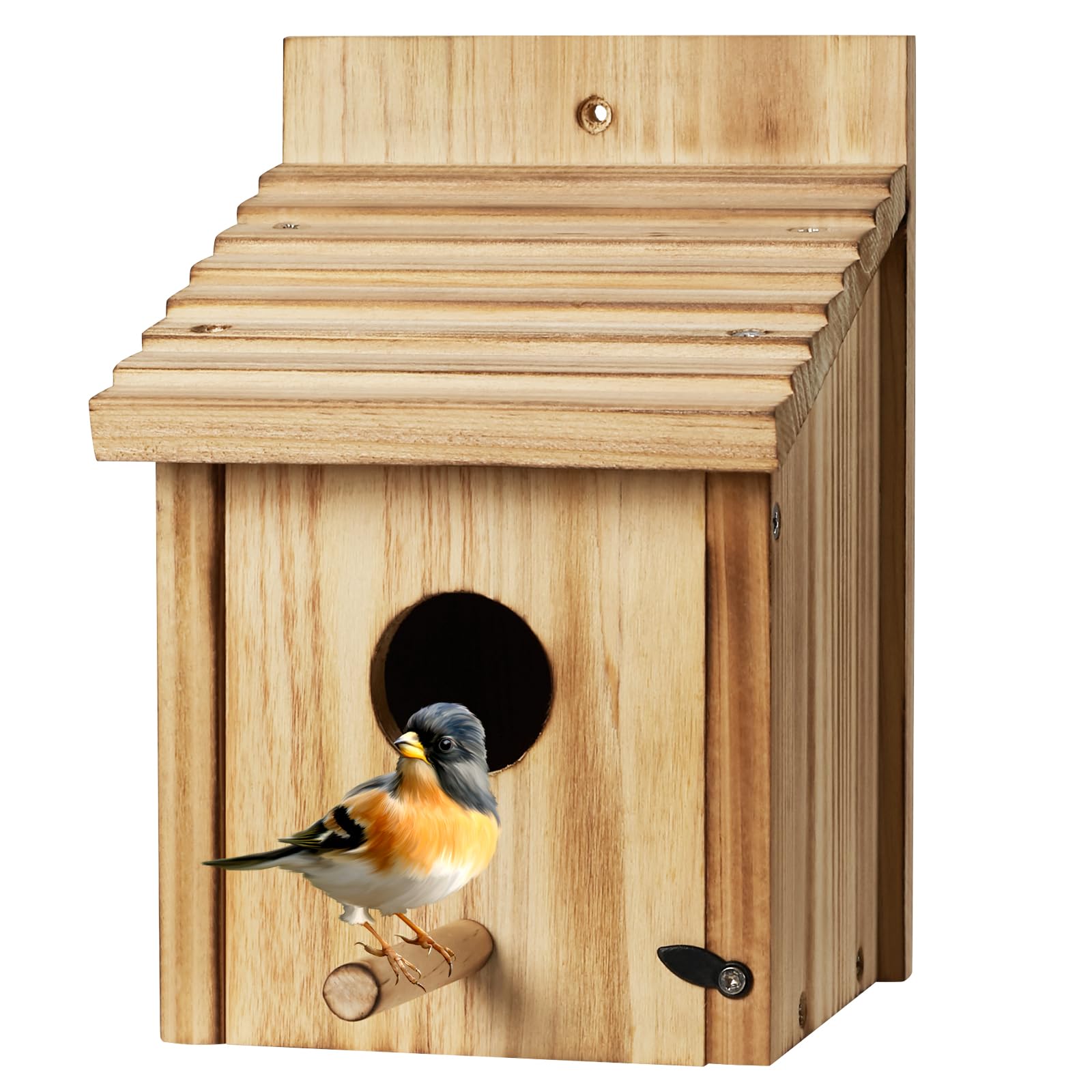 Natural wood bird house with round entrance hole and side perch; small bird inside