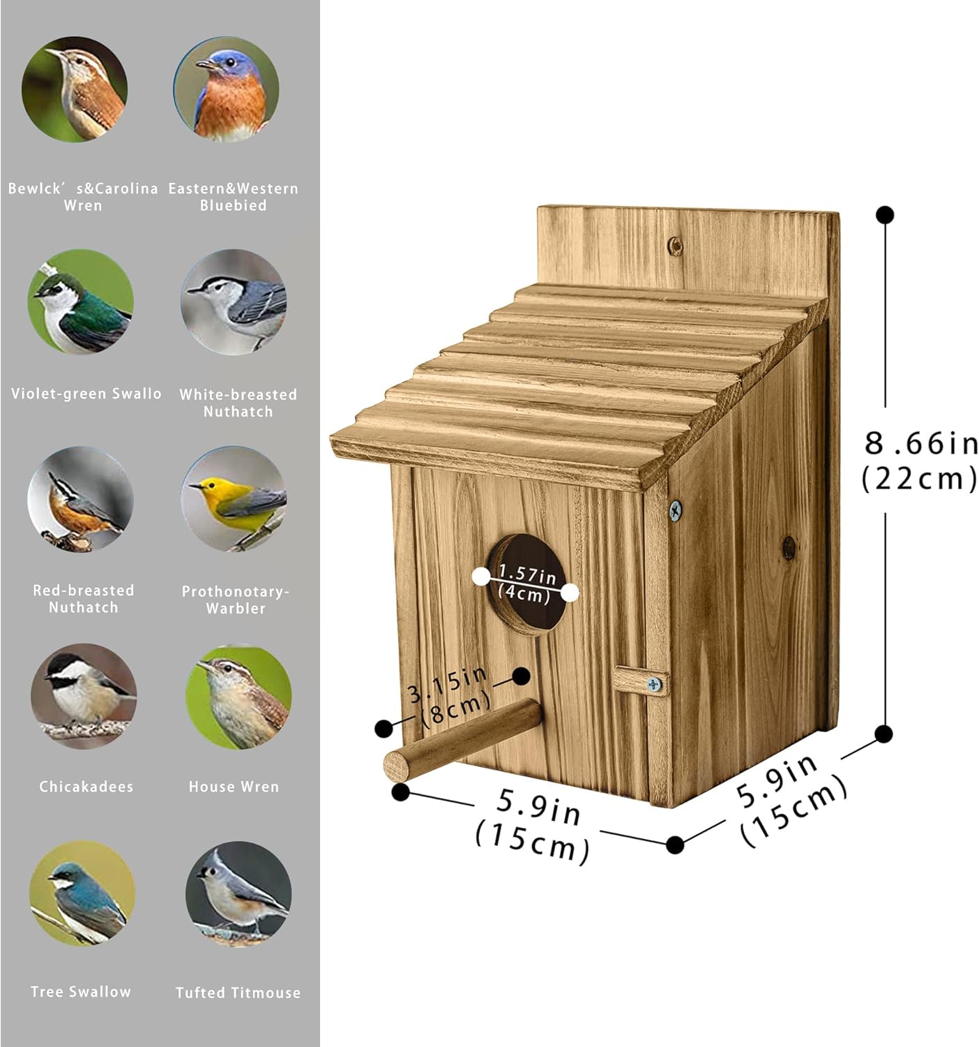 Wooden birdhouse with round entrance hole, slanted roof, and illustrated size markers