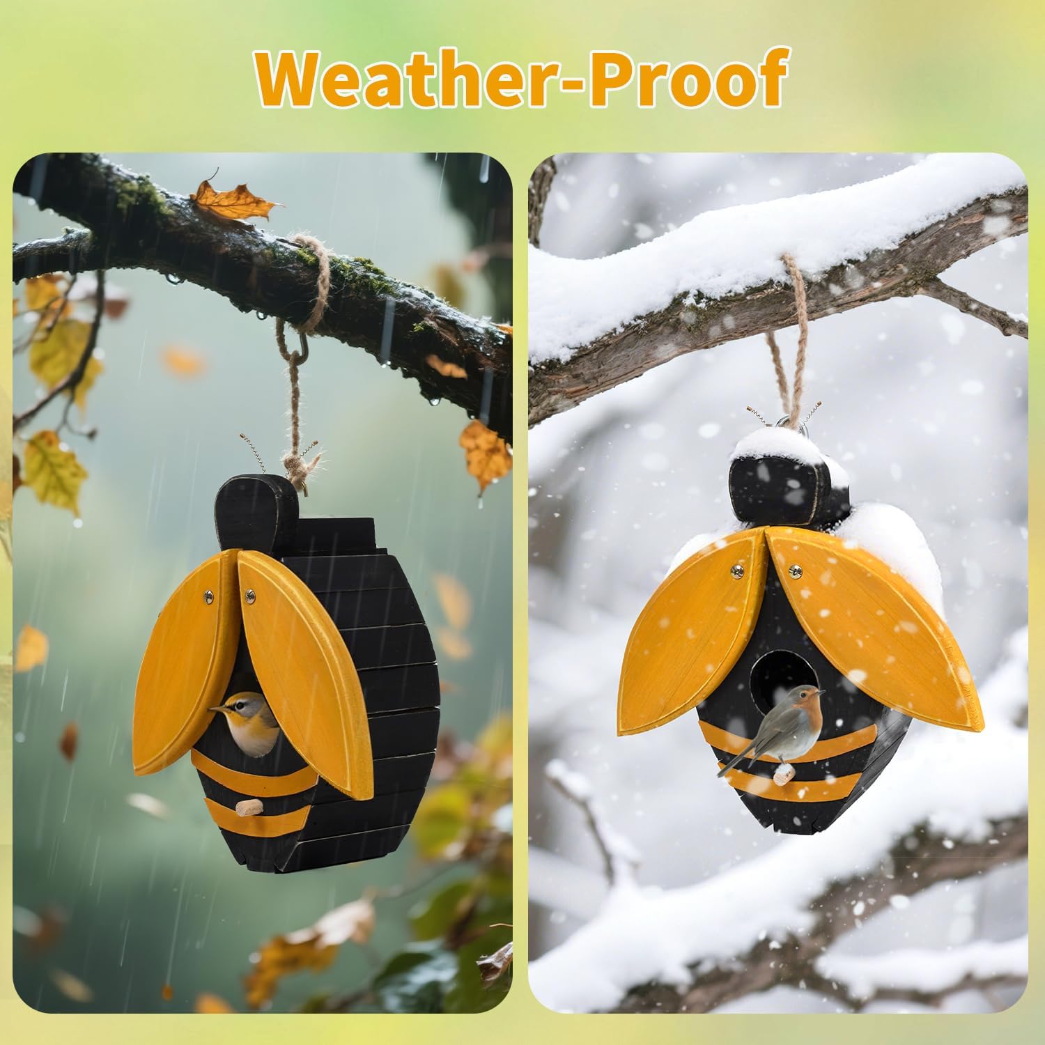 Bee-shaped wooden birdhouse with open yellow wings and black body, hanging on branch