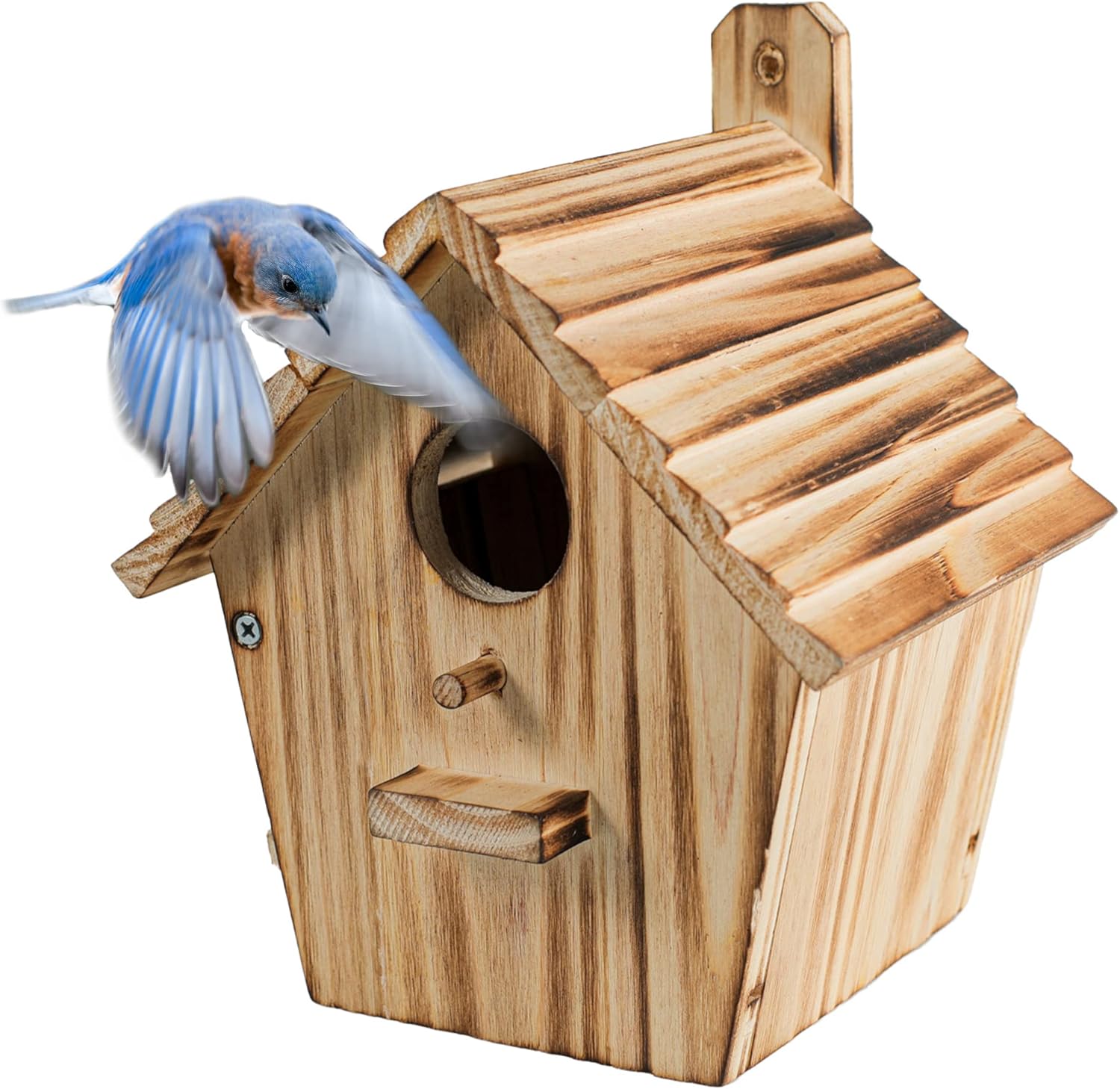 Wooden birdhouse with round entrance hole and slanted roof, light brown finish