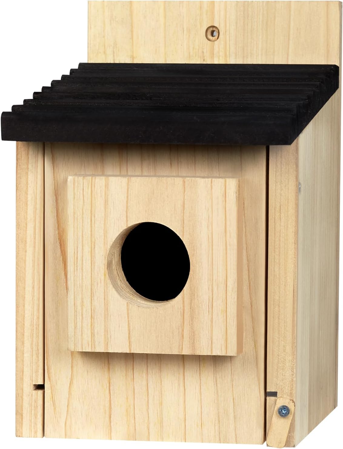 Wooden birdhouse front close-up with dark roof and round entrance hole in light wood.