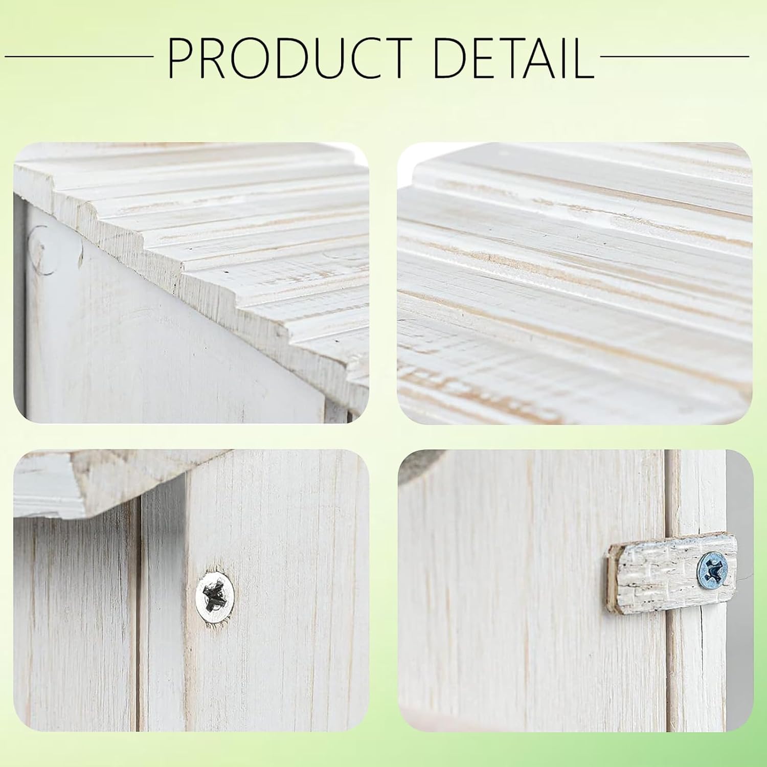 White wooden bird house detail view of roof edge and metal latch hardware