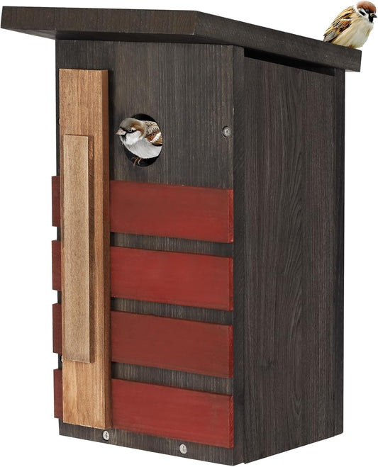 Wooden birdhouse with dark gray body, red slats, and natural wood entrance panel