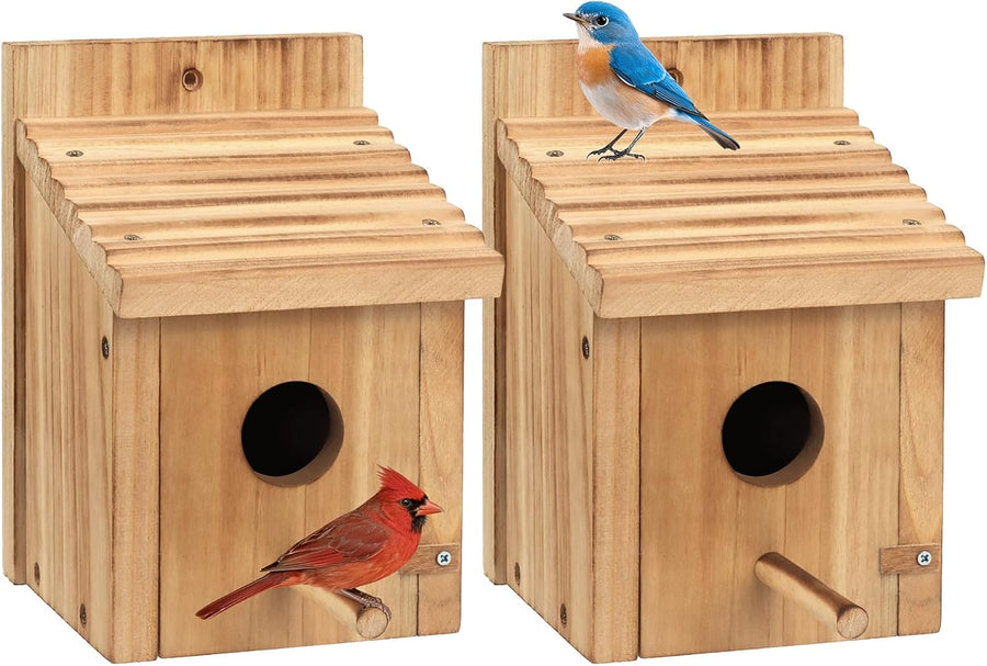 Pair of wooden birdhouse kits with round entrance holes and slatted front roofs