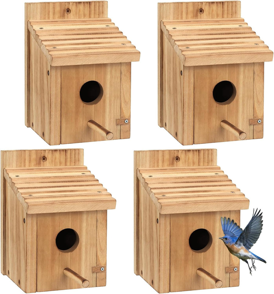 Wooden birdhouse kit with round entrance hole and hinged clean-out door