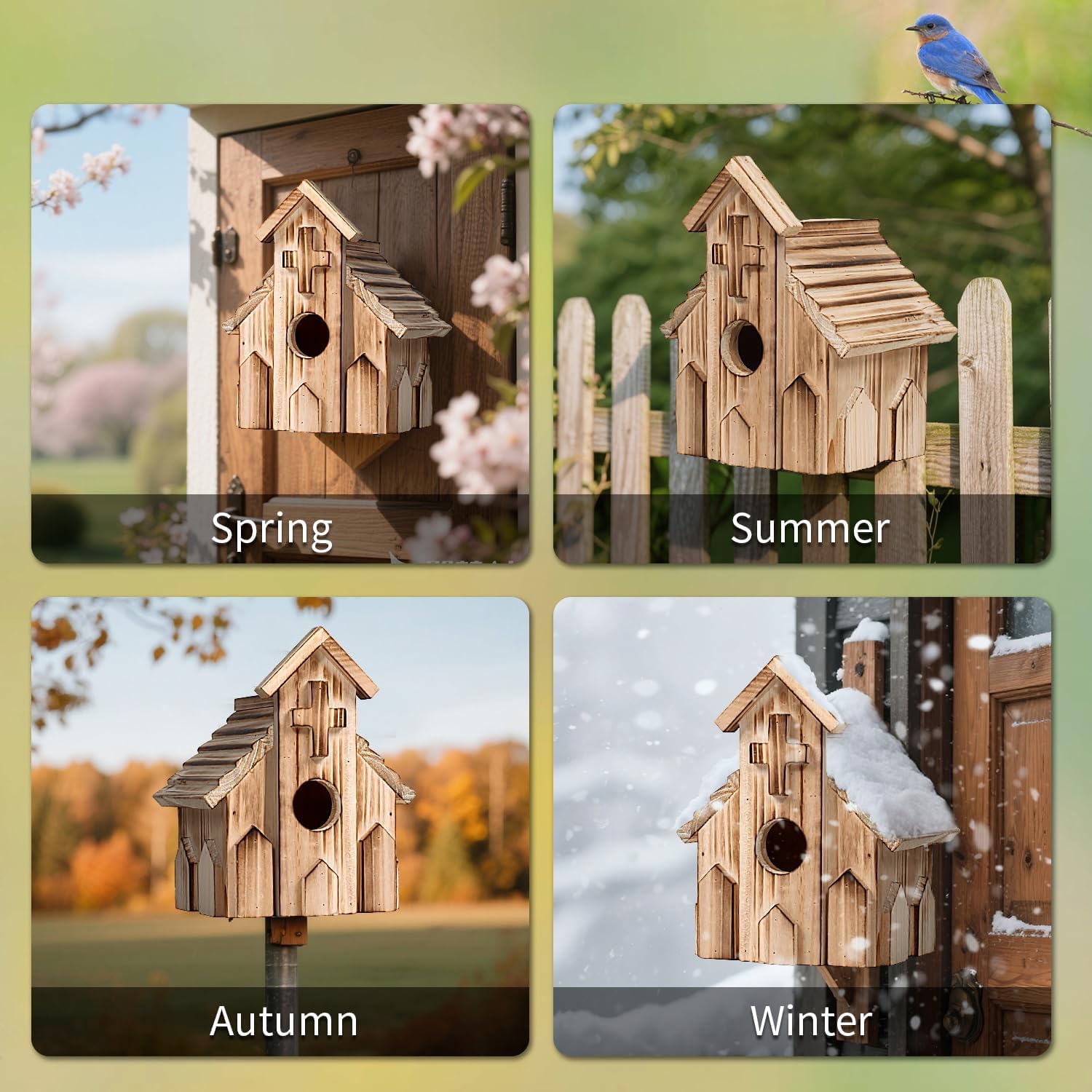 Light wood church-shaped birdhouses showing round entrance holes for spring, summer, autumn, winter