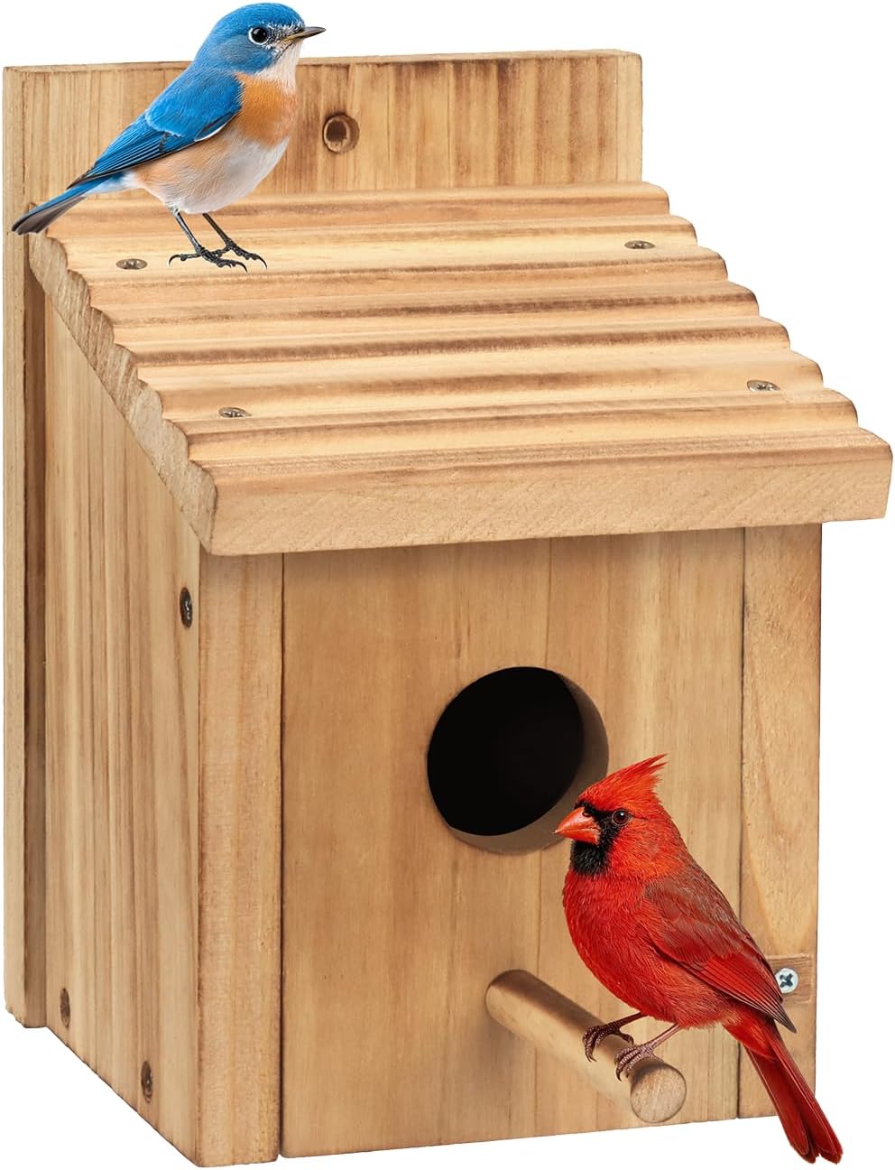 Natural wood outdoor birdhouse with side perch and round entrance hole