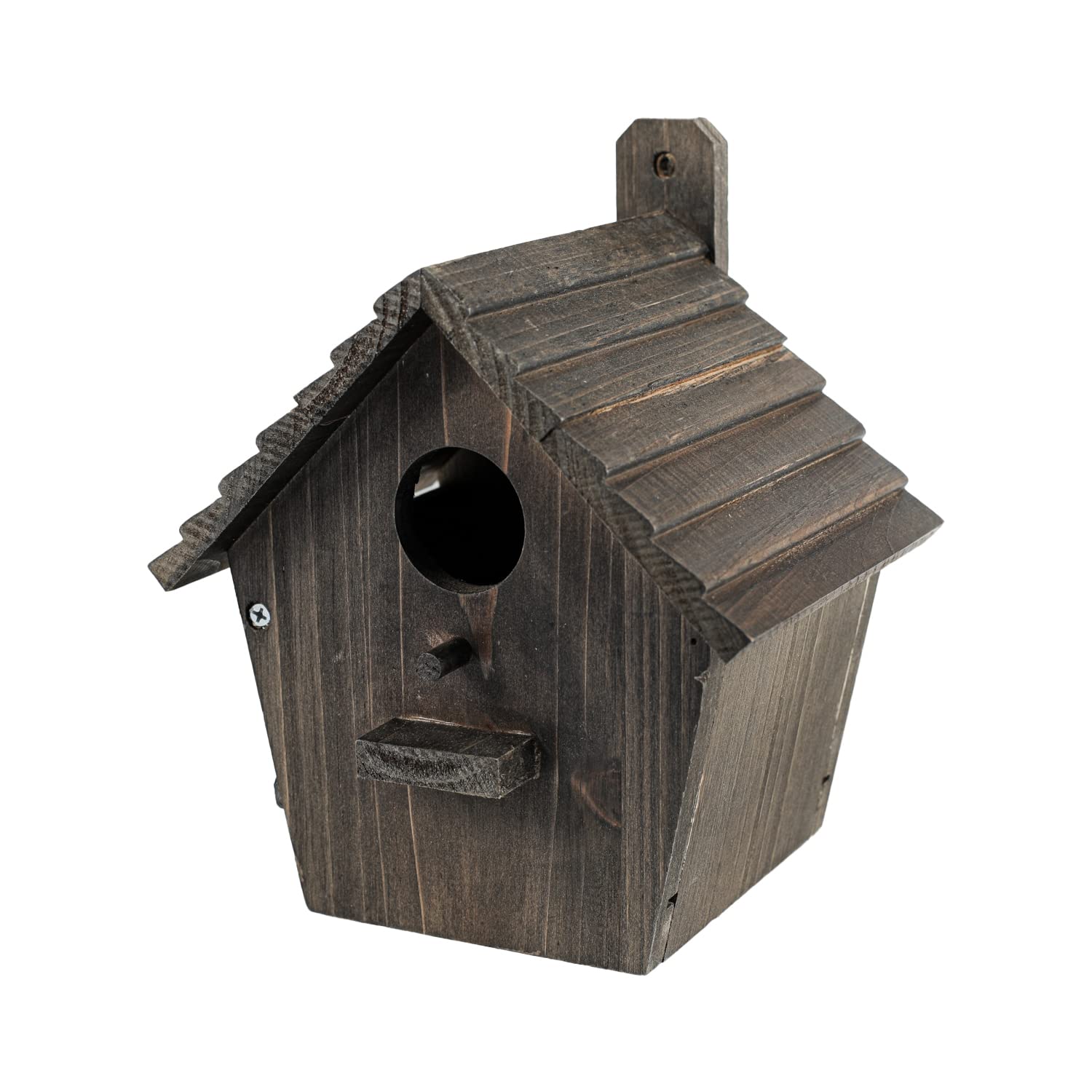 Dark wooden birdhouse with round entrance hole and front perch detail