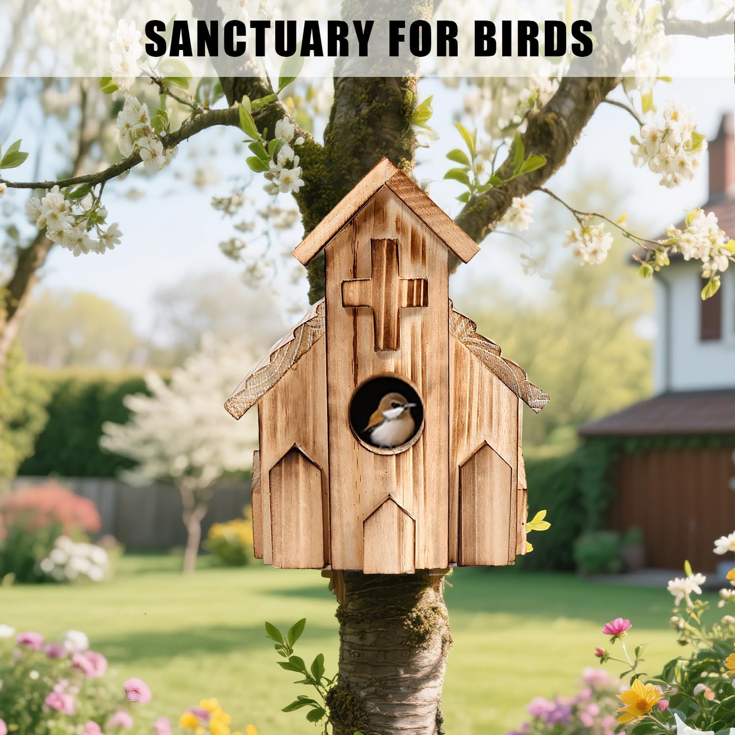 Light wood church-shaped birdhouse with round entrance hole and cross-like side details